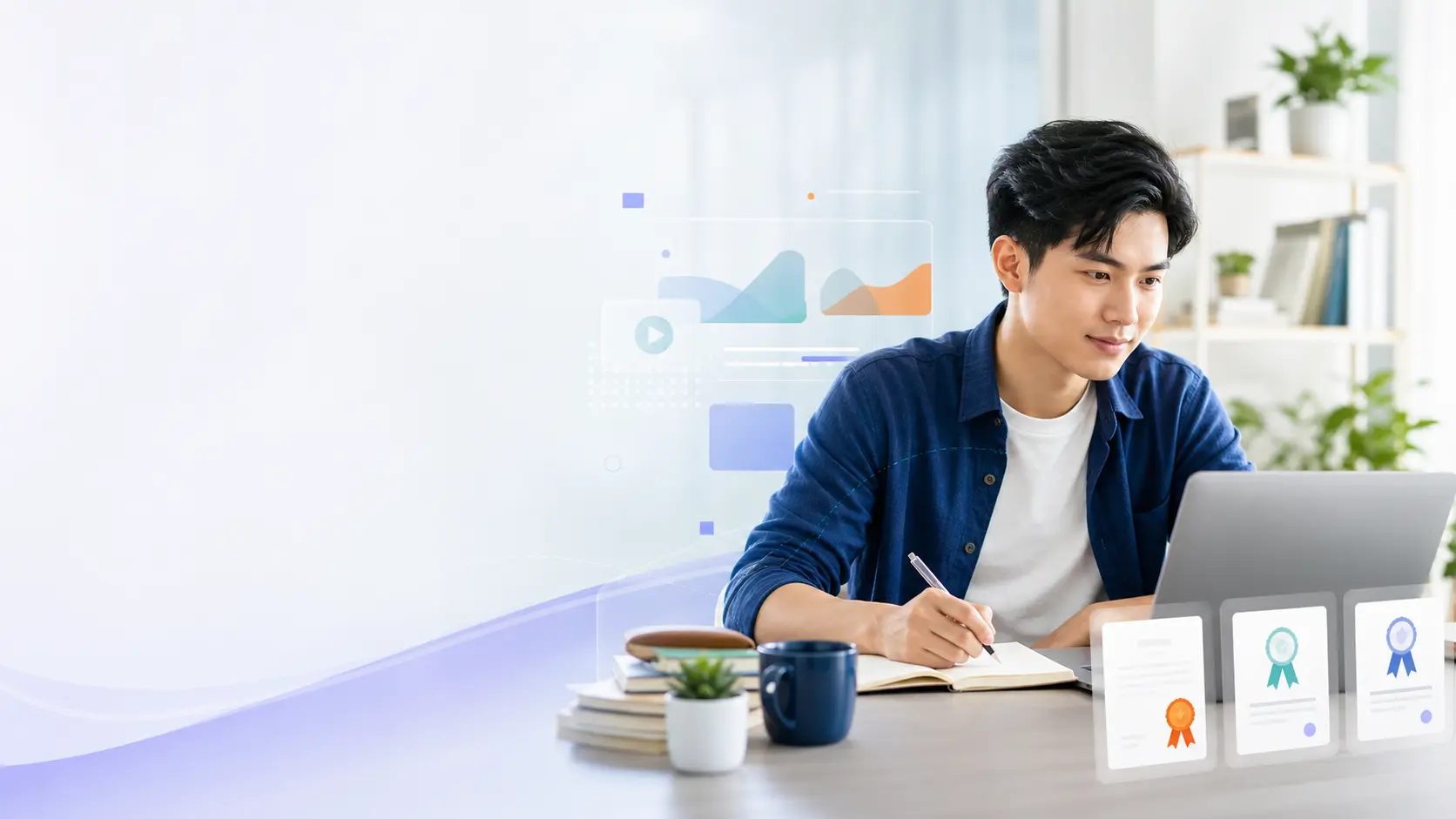 Học viên đang học online trên laptop và máy tính bảng
